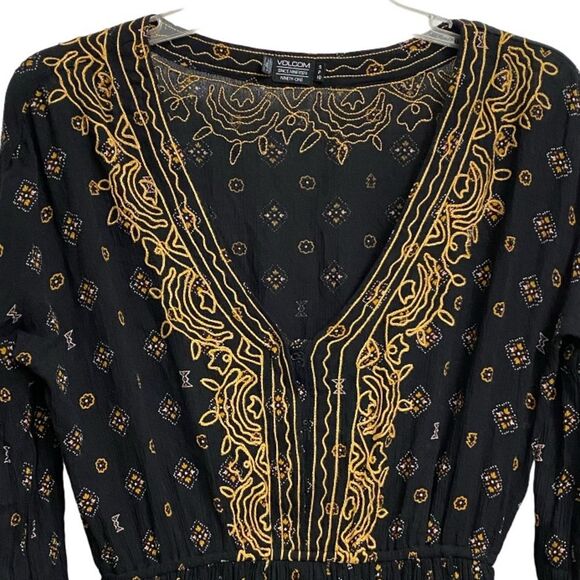 Volcom Champain Trail Mini Dress Size S Boho Folksy Black Gold Embroidered Rodeo - Picture 5 of 16